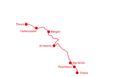 Carte des Grisons avec l'itinéraire Via Albula et Bernina de Thusis à Tirano (IT)
