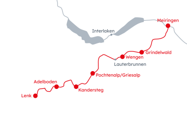 Carte de l'Oberland Bernois avec l'itinéraire Via Alpina "Trek de l'ours" de Meiringen à Lenk