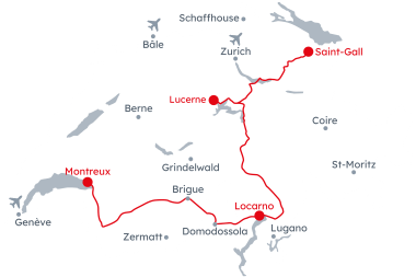 Carte de la Suisse avec l'itinéraire Voralpen-Express et train des Centovalli de Saint-Gall à Montreux