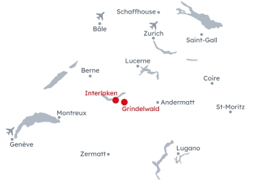 Carte de la Suisse avec l'itinéraire Expérience d'hiver Région Jungfrau