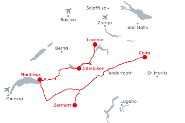 Mappa della Svizzera con l'itinerario del Grand Train Tour of Switzerland – Le attrazioni più belle da Lucerna a Coira