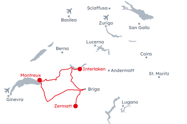 Mappa della Svizzera con il percorso del Grand Train Tour of Switzerland – Vigne e Valli da Interlaken