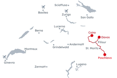 Mappa della Svizzera con l'itinerario Viaggio nel tempo attraverso i Grigioni da Coira a Davos