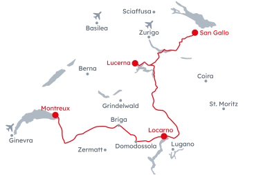 Mappa della Svizzera con il percorso Voralpen-Express e ferrovia Centovalli da San Gallo a Montreux