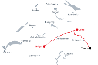 Mappa della Svizzera con il precorso Glacier e Bernina Express viaggio invernale da Coira a Briga
