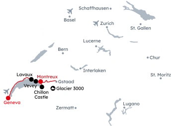 Map showing the route of the group tour ‘Summer on the Montreux Riviera and GoldenPass Express’