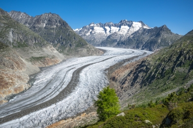 Aussicht auf den Aletschgletscher mit Bergen im Hintergrund bei sonnigem Wetter.