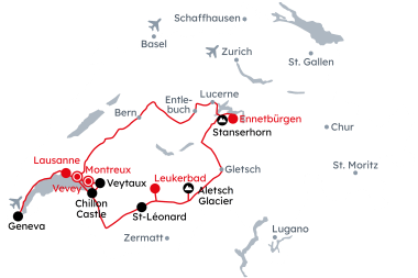 Map of Switzerland with the itinerary Grand Tour of Switzerland – Wellness