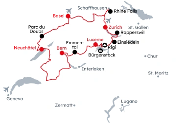 Map of Switzerland with the itinerary Grand Tour of Switzerland – City & Culture