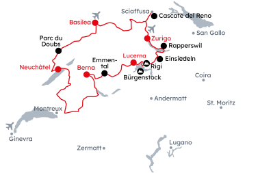 Mappa della Svizzera con il percorso del Grand Tour of Switzerland – Città e Cultura