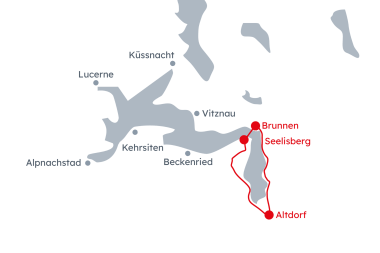 Carte de la Suisse centrale avec l'itinéraire Voie Suisse au départ de Brunnen