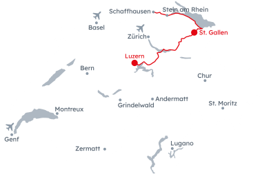 Karte der Schweiz mit der Reiseroute der Grand Train Tour of Switzerland – Faszination Wasser von Luzern nach St. Gallen
