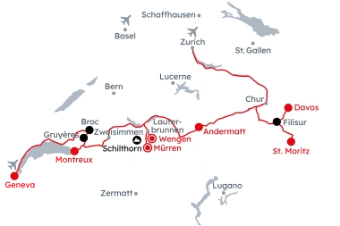 Map of Switzerland with the itinerary Grand Tour of Switzerland Explorer – Alpine Adventure