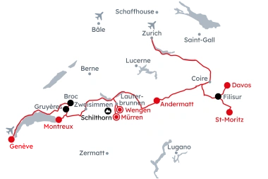 Carte de la Suisse avec l'itinéraire du Grand Tour of Switzerland Explorer – Aventure alpine