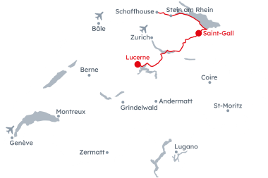 Carte de la Suisse avec l'itinéraire du Grand Train Tour of Switzerland – Histoires d’eau de Lucerne à Saint-Gall