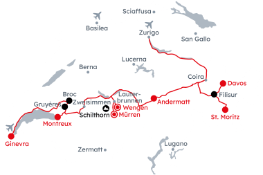 Mappa della Svizzera con il percorso del Grand Tour of Switzerland Explorer – Avventura alpina