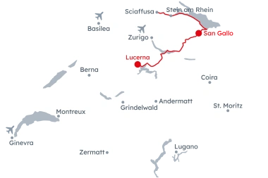 Mappa della Svizzera con il percorso del Grand Train Tour of Switzerland – Fascino dell'acqua da Lucerna a San Gallo