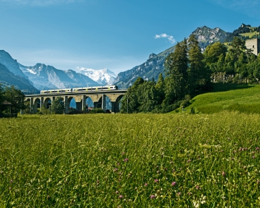 Eine Eisenbahn überquert eine steinerne Brücke in einer grünen Berglandschaft.