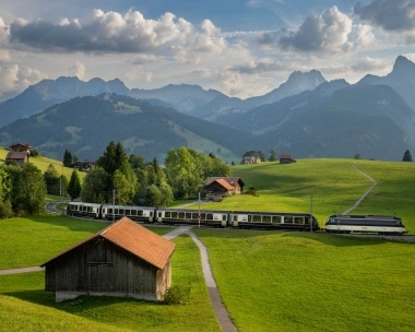A landscape with green meadows, a moving train, and tall mountains in the background.