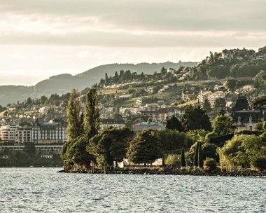 Eine Stadt am Hang, umgeben von Bäumen, mit einem See im Vordergrund.