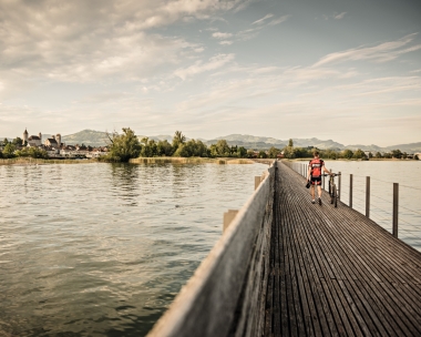 Une personne pousse un vélo sur une promenade en bois, avec vue sur une ville historique au bord du lac.